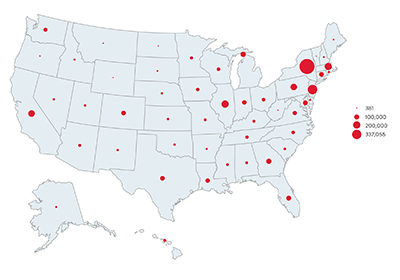 A map of the U.S. with red circles that represent COVID-19 outbreaks.
